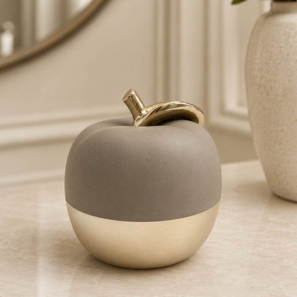 Stone & Gold Ceramic Apple Ornament 11cm – Small Decorative Apple with Gold Leaf