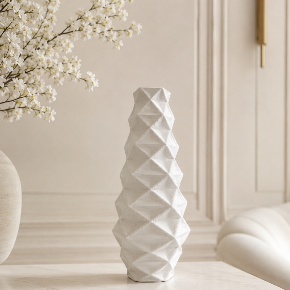 White Geometric Origami Vase 39cm (15") – Textured 3D-Printed Ceramic Vase