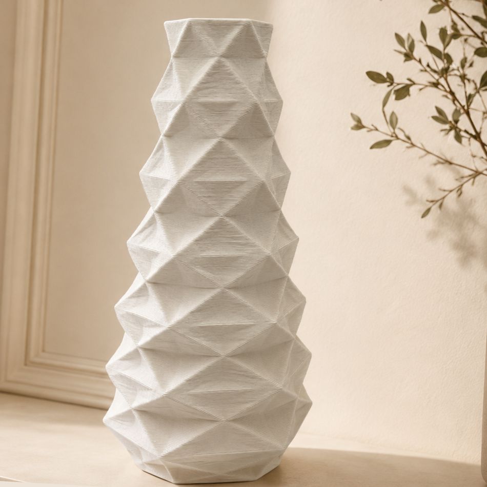 Tall Off-White Geometric Origami Vase 52cm – Faceted 3D-Printed Ceramic Vase