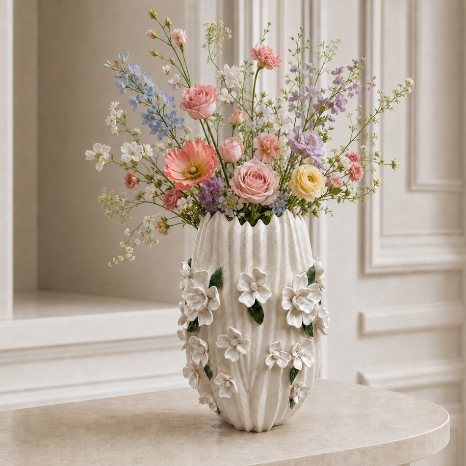 White Blossom Vase 29cm – Ribbed Ceramic Flower Vase