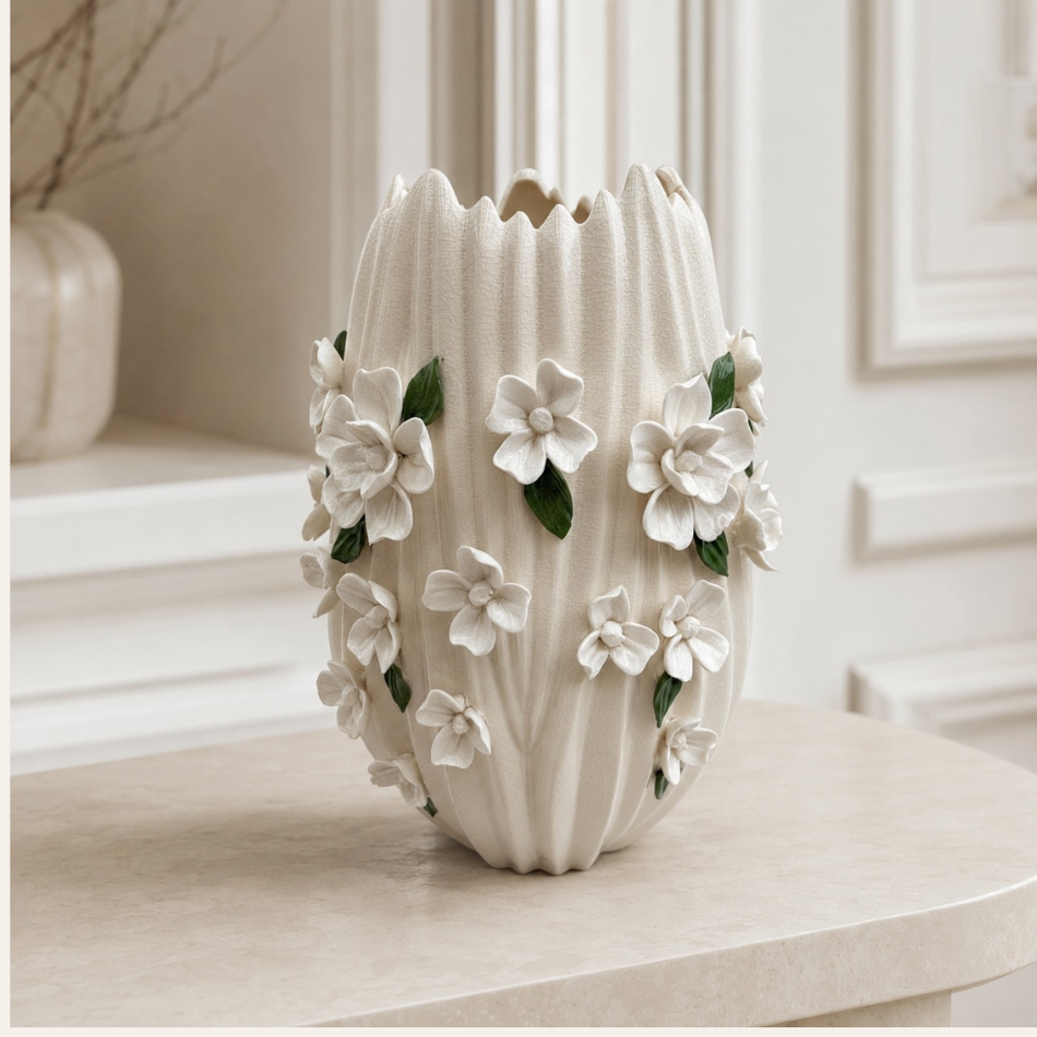 White Blossom Vase 29cm – Ribbed Ceramic Flower Vase