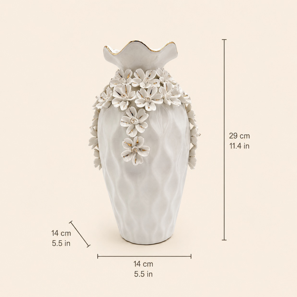 White Ceramic Floral Cascade Vase 29cm  – Decorative Flower Vase