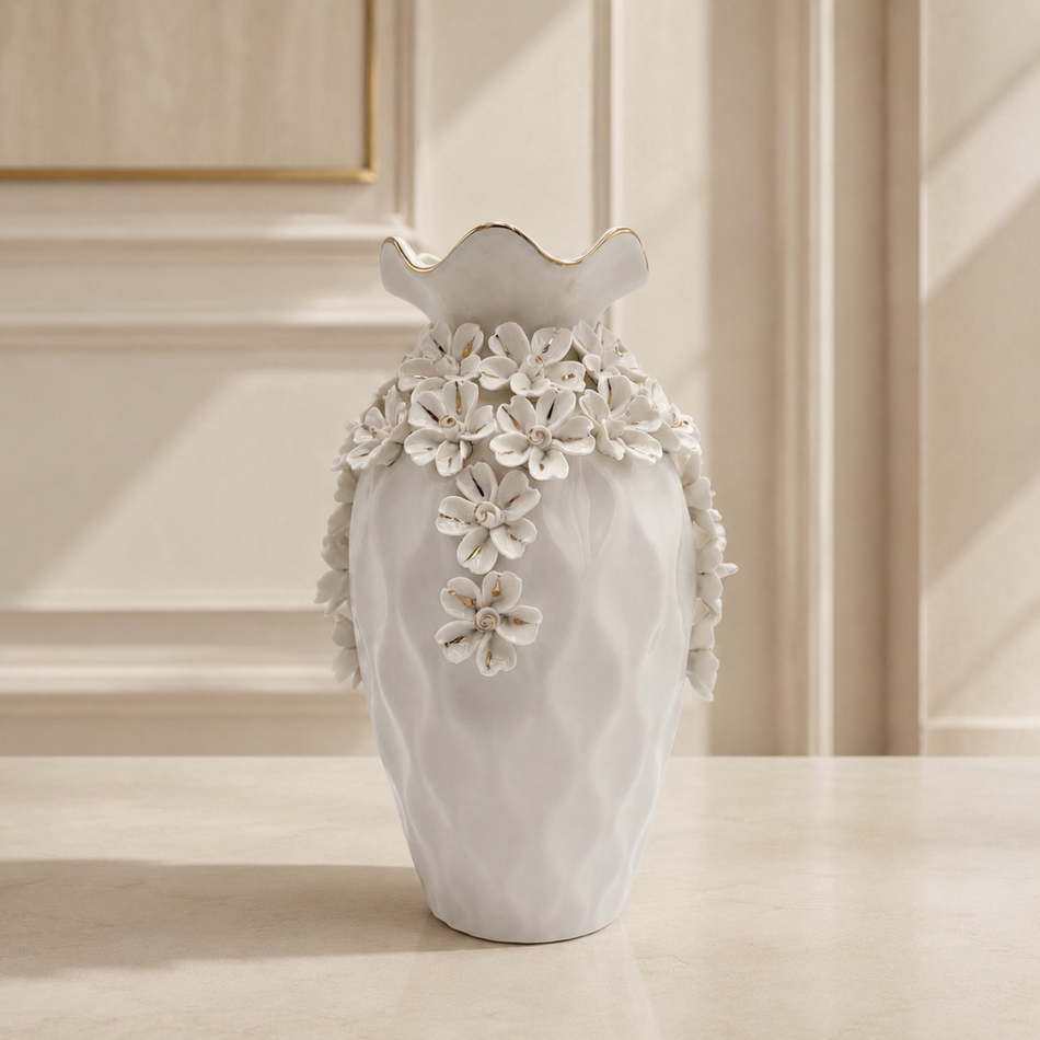 White Ceramic Floral Cascade Vase 29cm  – Decorative Flower Vase
