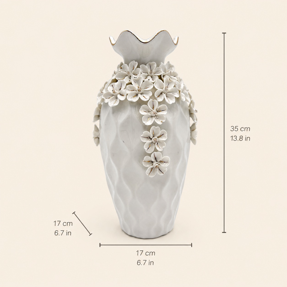 White Ceramic Floral Cascade Vase 35cm – Decorative Flower Vase