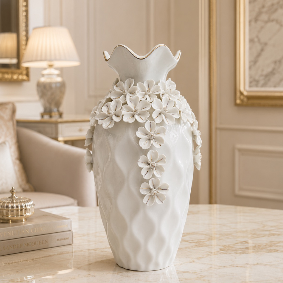 White Ceramic Floral Cascade Vase 35cm – Decorative Flower Vase
