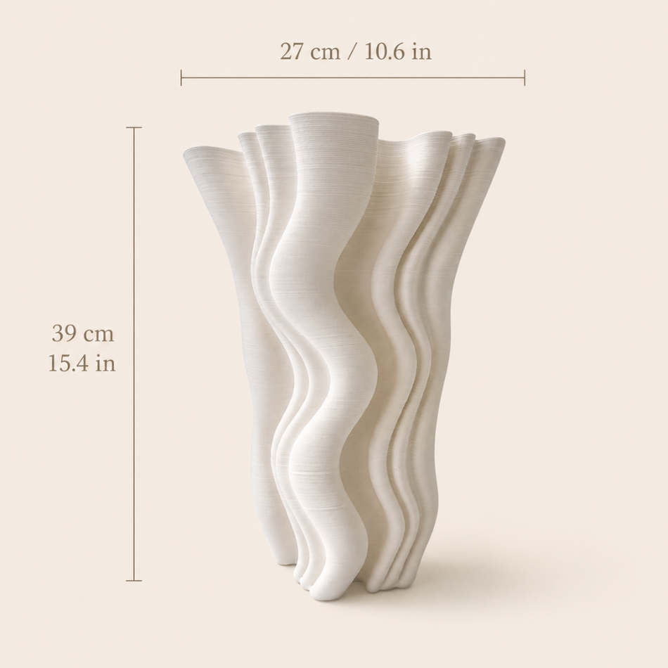 Off-White Swirl Vase 29cm (11.5") – Ruffled Spiral 3D-Printed Ceramic Vase