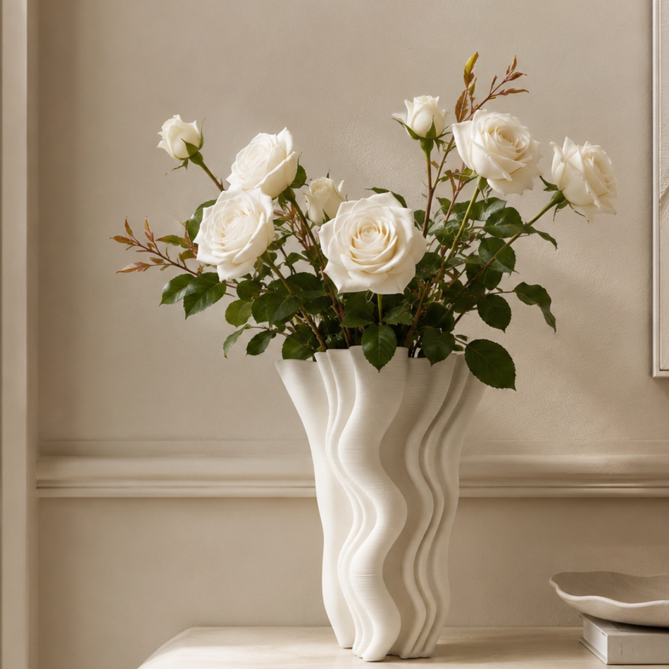 Off-White Swirl Vase 29cm – Ruffled Spiral 3D-Printed Ceramic Vase