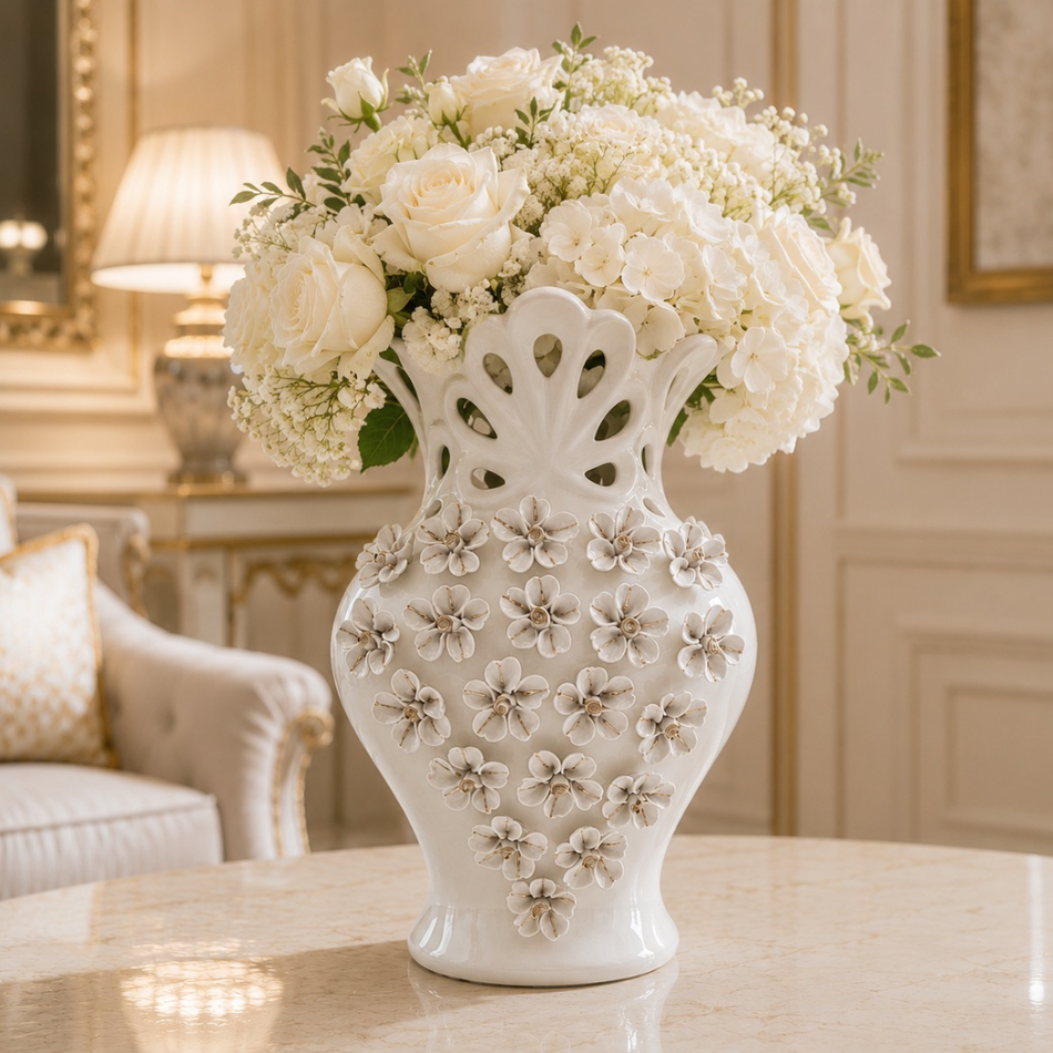 White Ceramic Blossom Vase 34cm – Decorative Floral Flower Vase