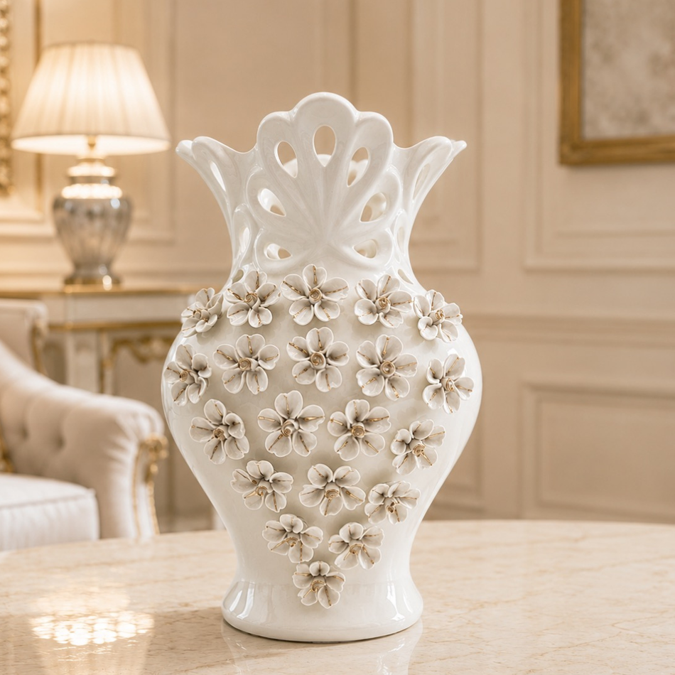 White Ceramic Blossom Vase 34cm – Decorative Floral Flower Vase