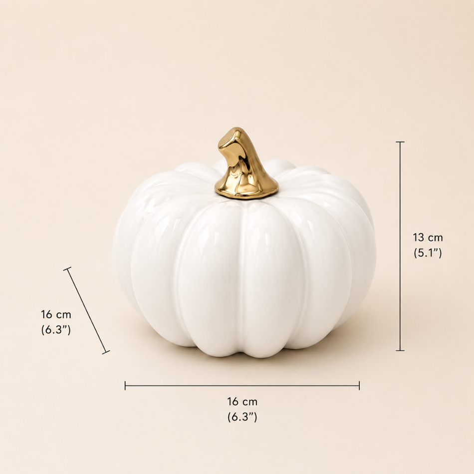 White & Gold Ceramic Pumpkin Ornament 16cm (6") – Glossy Decorative Pumpkin
