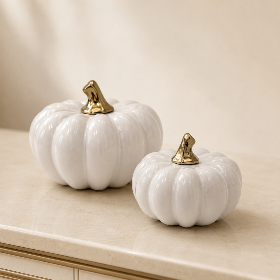 White & Gold Ceramic Pumpkin Ornament 16cm – Glossy Decorative Pumpkin