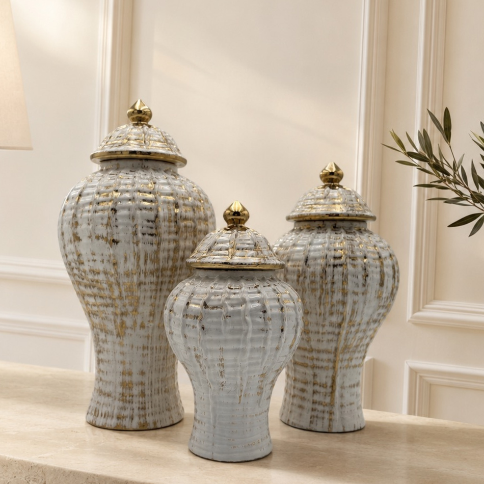 White Gold Decorative Ginger Jar with Lid 31cm – Elegant Ceramic Temple Jar