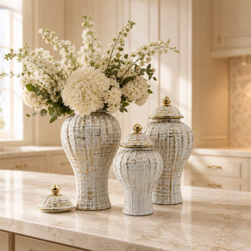 White, Gold & Blue Decorative Ginger Jar with Lid 37cm – Classic Ceramic Ginger Jar