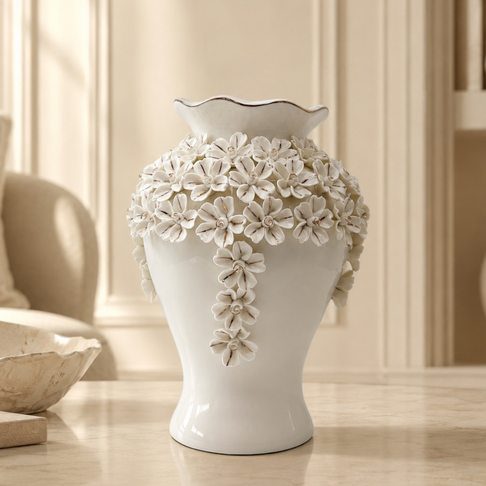 White & Gold Blossom Vase 31cm – Textured Ceramic Flower Vase