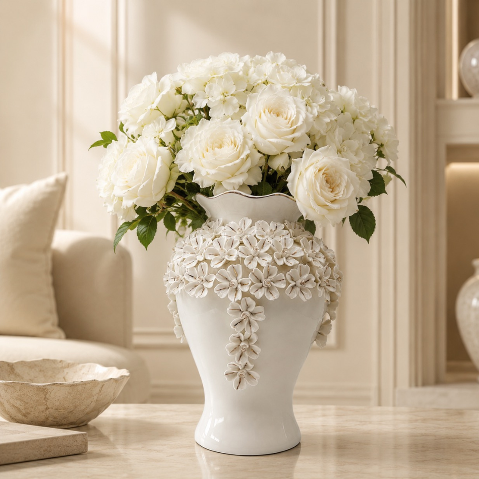 White & Gold Blossom Vase 31cm – Textured Ceramic Flower Vase