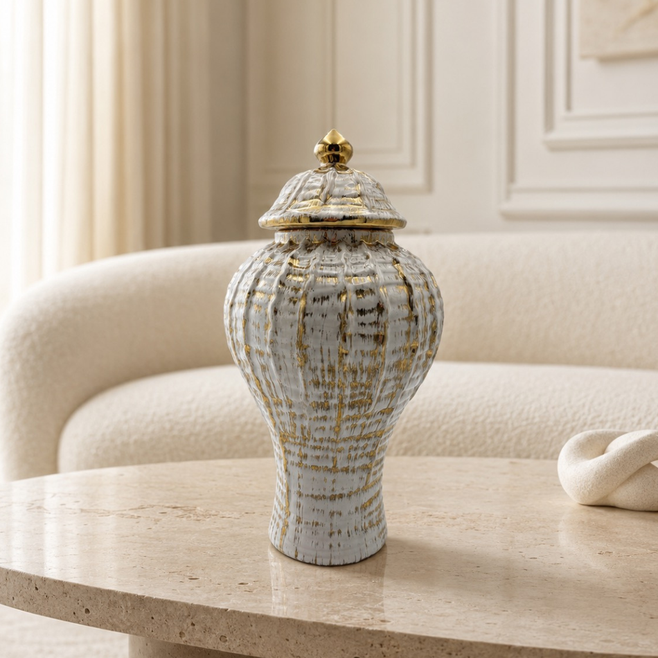 White, Gold & Blue Decorative Ginger Jar with Lid 37cm – Classic Ceramic Ginger Jar