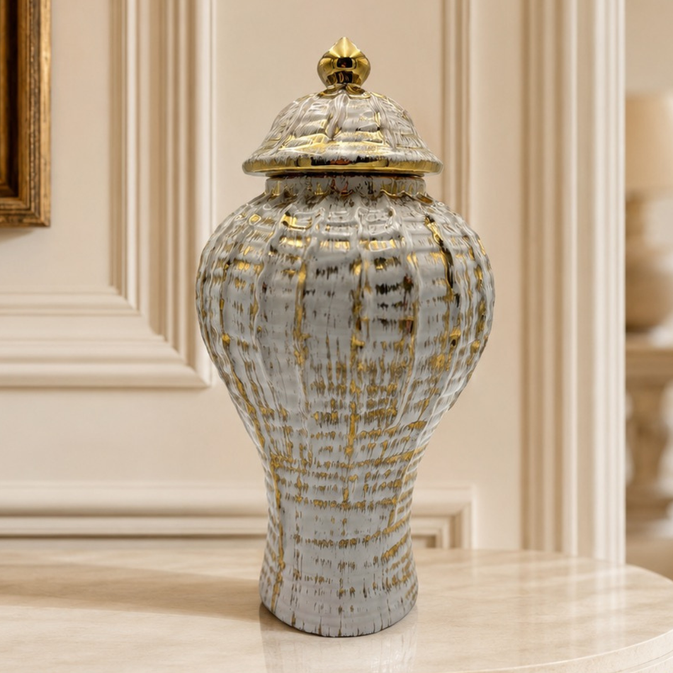 White & Gold Decorative Ginger Jar with Lid 42cm  – Large Ceramic Temple Jar