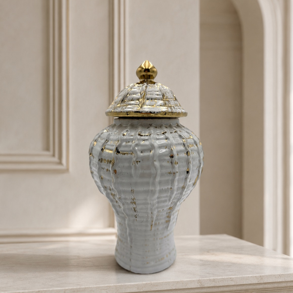 White Gold Decorative Ginger Jar with Lid 31cm – Elegant Ceramic Temple Jar