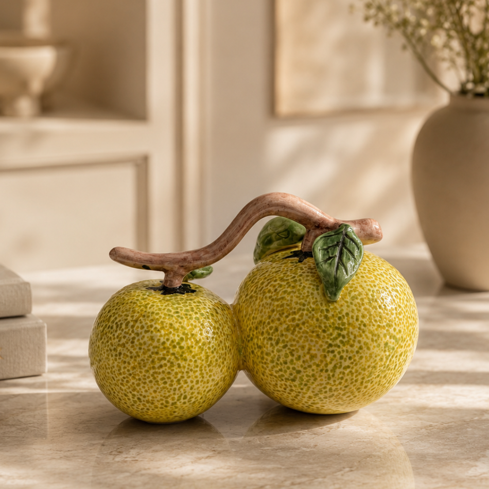 Yellow Double Citrus Ornament 19cm (7.5") – Ceramic Decorative Fruit Sculpture