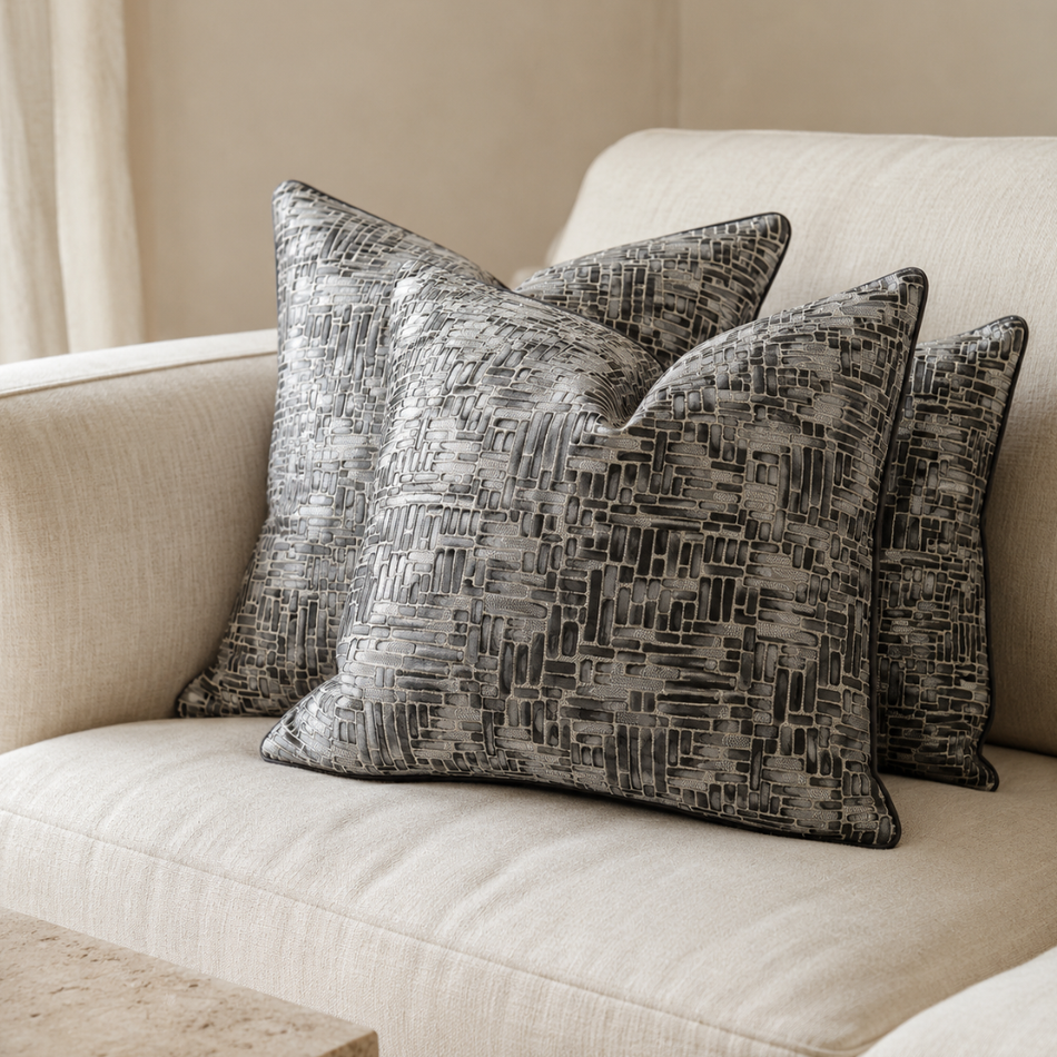 Abstract Brushstroke Cut Velvet Cushion Cover 45 x 45cm Black and Silver