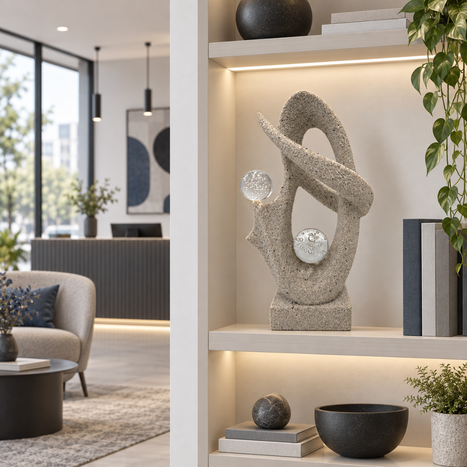 Abstract Sculpture with Glass Spheres 45cm Speckled Stone Effect Office Decor