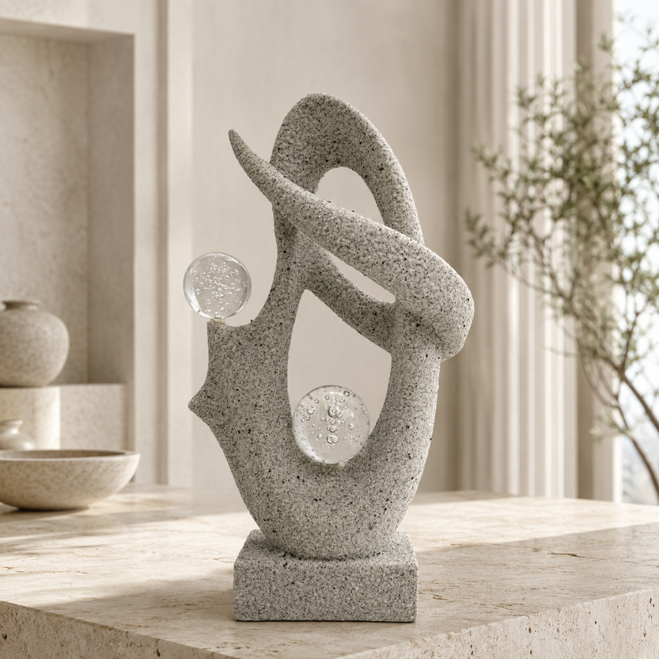 Abstract Sculpture with Glass Spheres 45cm – Speckled Stone-Effect Ornament