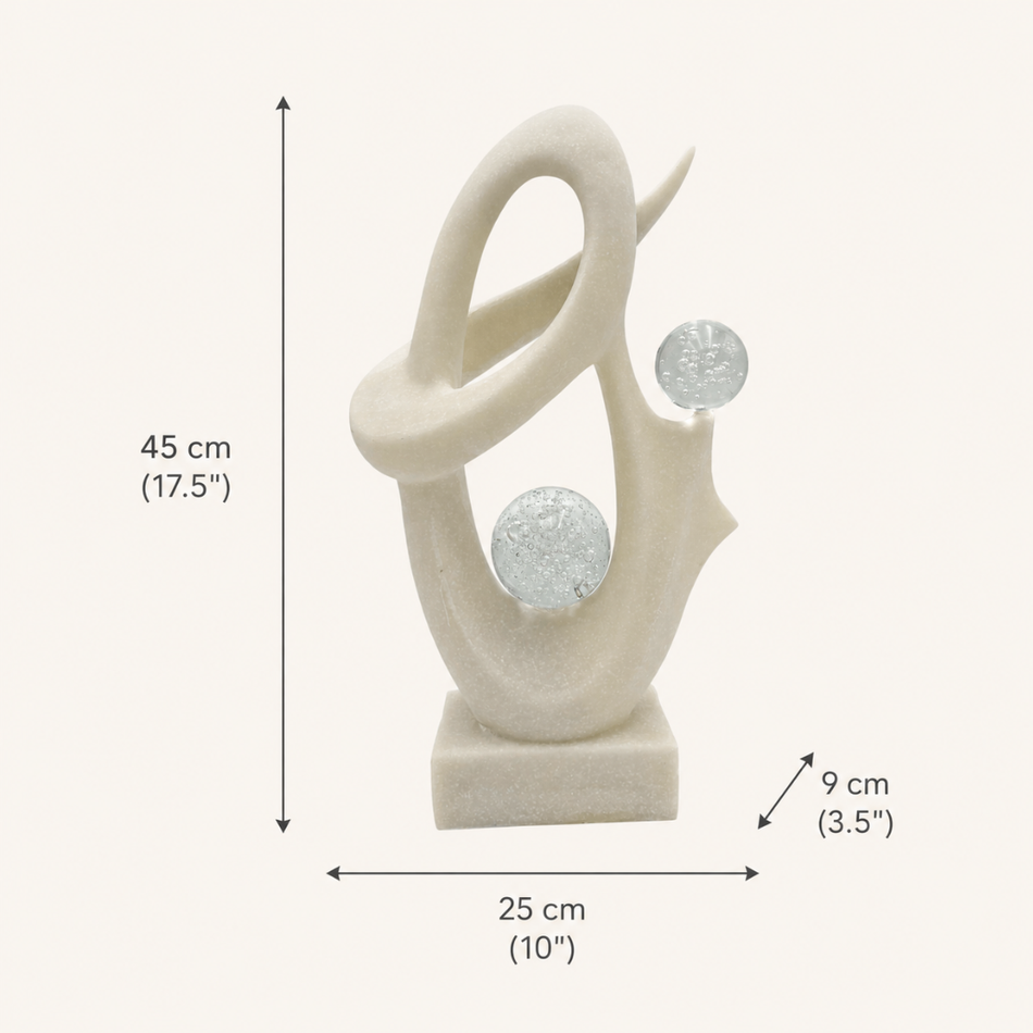 Abstract Sculpture with Glass Spheres 45cm – White Marble-Effect Ornament