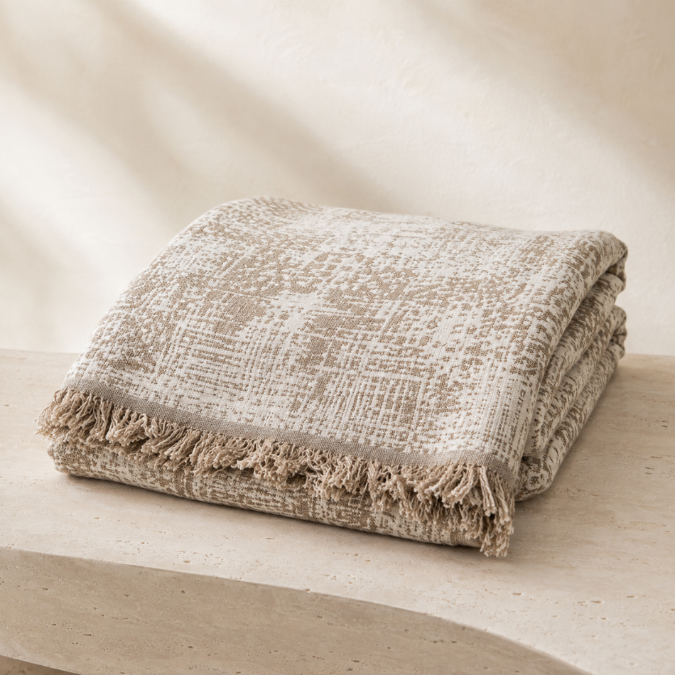 Abstract Texture Fringed Throw Blanket - Cream and Camel