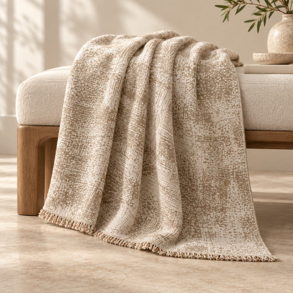 Abstract Texture Fringed Throw Blanket - Cream and Camel