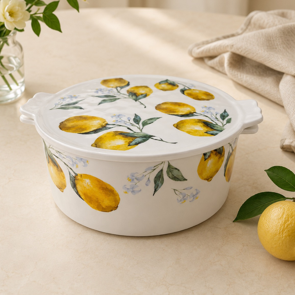 Amalfi Collection Lemon Porcelain Casserole Serving Dish with Lid – 23cm