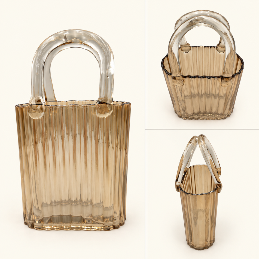 Amber ribbed glass handbag vase details: front, side and top views with clear glass handles