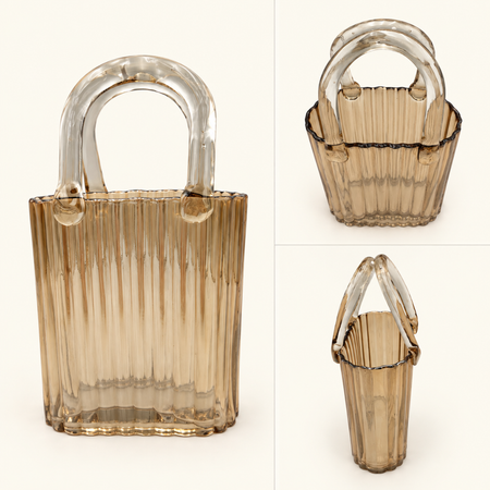 Amber ribbed glass handbag vase details: front, side and top views with clear glass handles