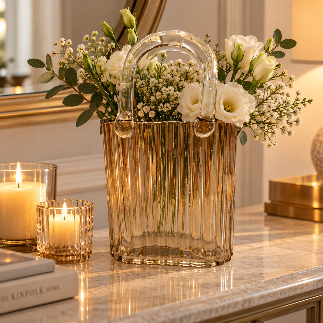 Amber ribbed glass handbag vase filled with white flowers beside candles on a console