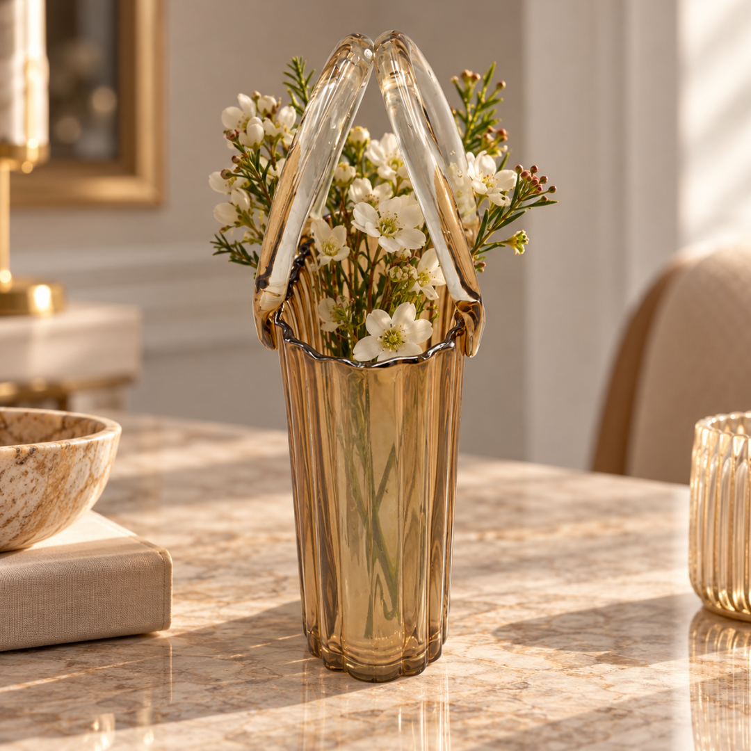Side view of the amber ribbed glass handbag vase with white flowers