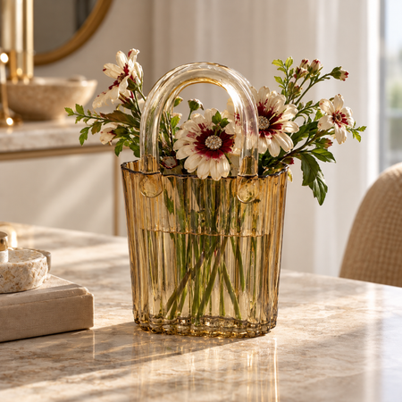 Amber ribbed glass handbag vase 23cm with clear handles and fresh flowers on a marble table