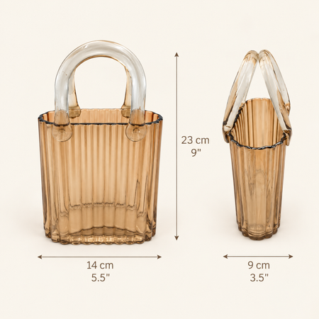 Amber ribbed glass handbag vase dimensions: 23cm tall, 14cm wide, 9cm deep