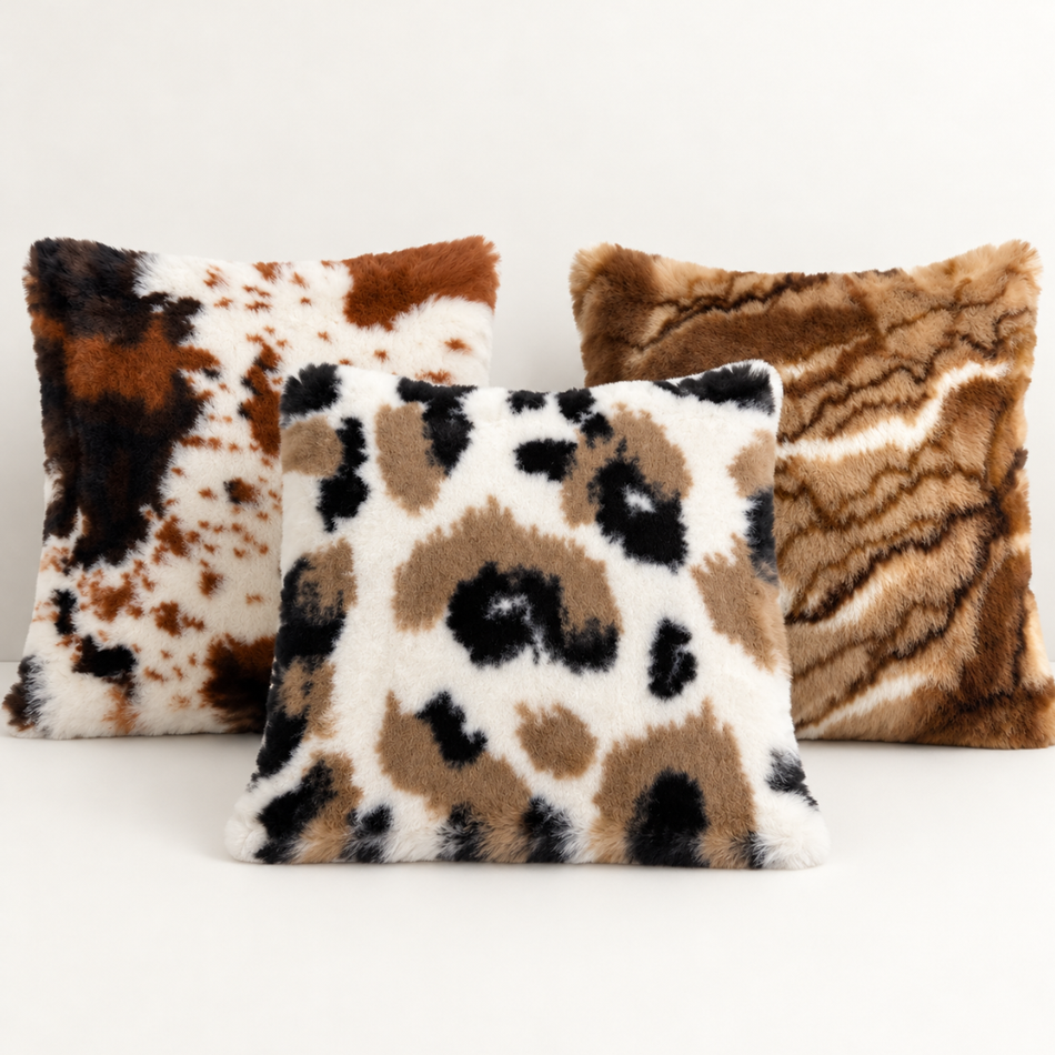 Animal Print Faux Fur Cushion Gift Set of 3 with Pads 45 x 45cm