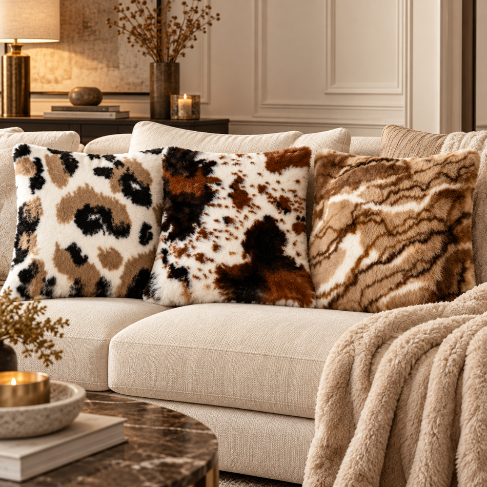 Animal Print Faux Fur Cushion Gift Set of 3 with Pads 45 x 45cm