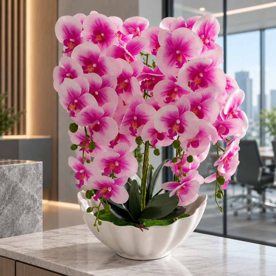Artificial Pink Orchid Arrangement in White Ceramic Bowl for Office Desk