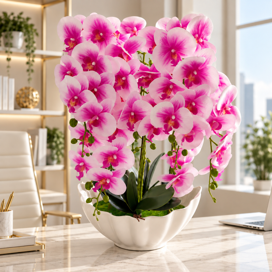 Artificial Pink Orchid Arrangement in White Ceramic Bowl for Office Desk