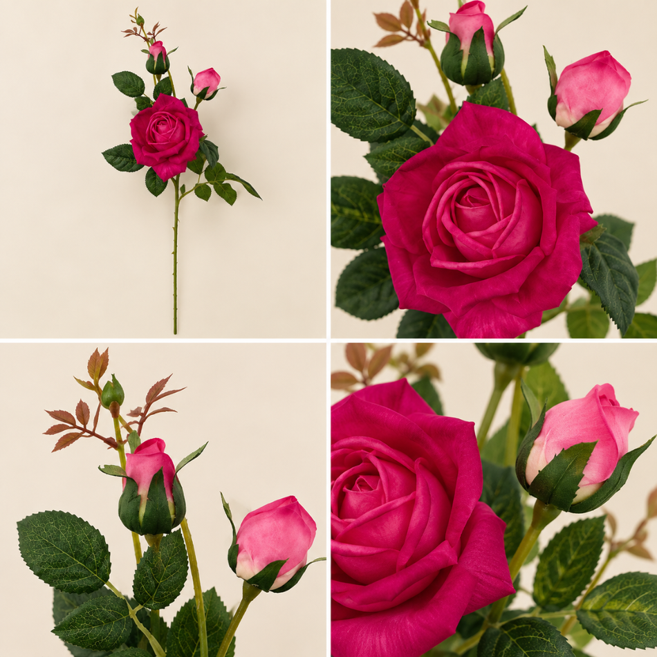 Artificial Three Head Rose Stem 72cm Raspberry