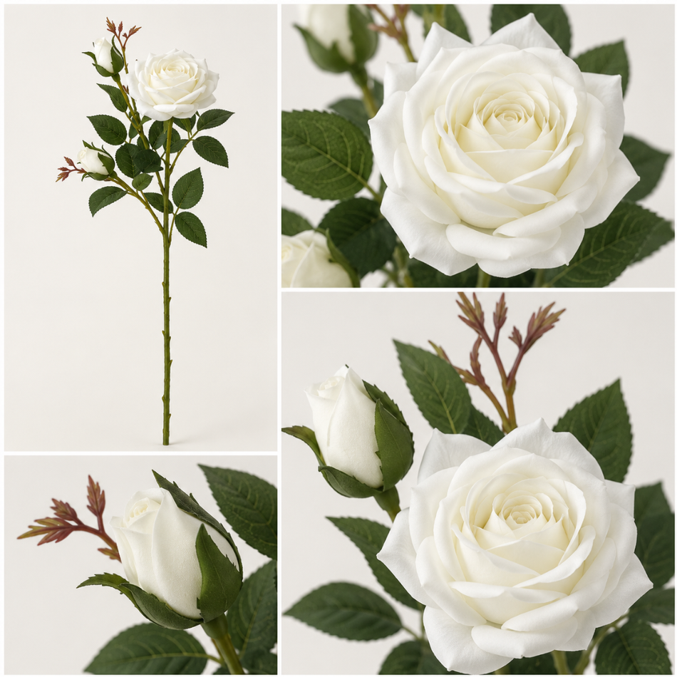 White Artificial 3-Head Rose Stem 72cm – 1 Bloom & 2 Buds