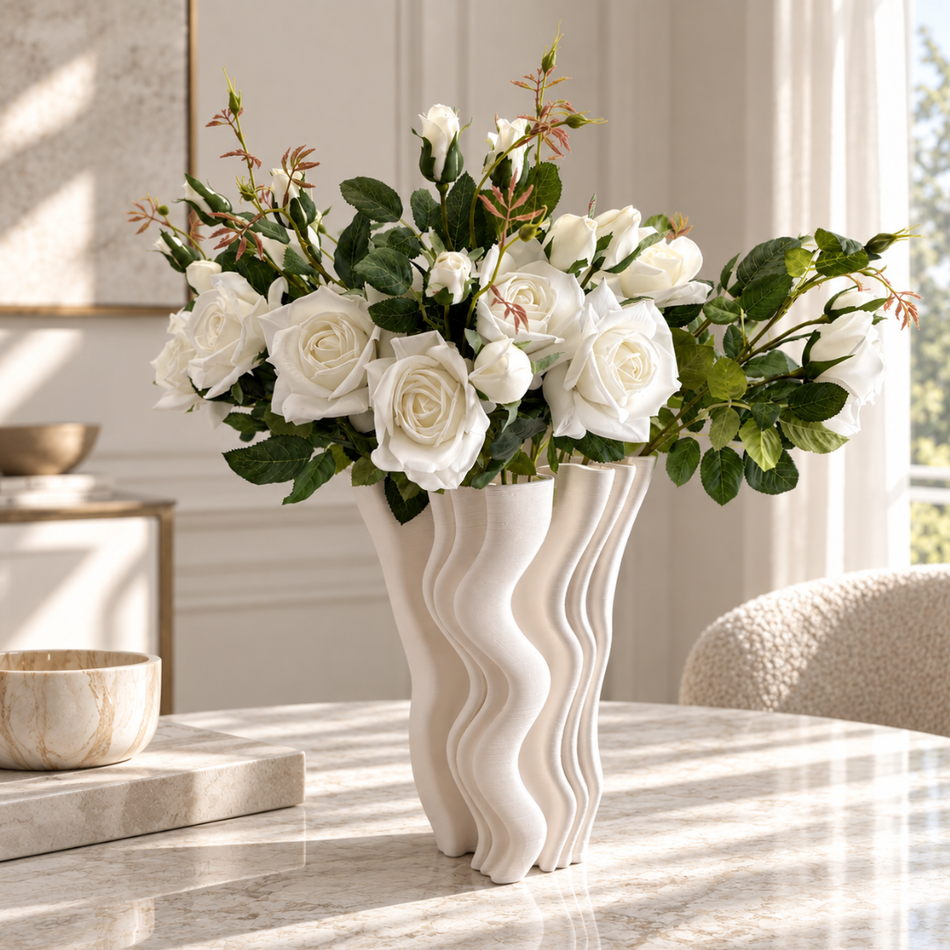 White Artificial 3-Head Rose Stem 72cm – 1 Bloom & 2 Buds