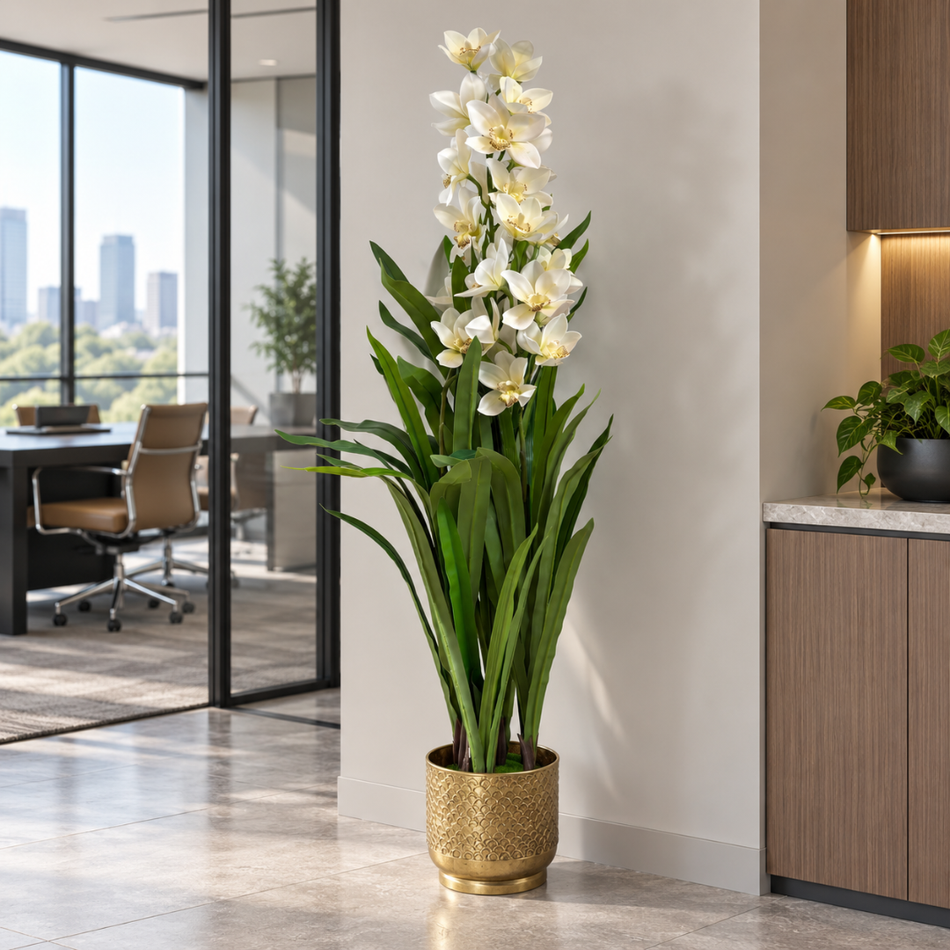 Artificial White Cymbidium Orchid 154cm Faux Office Plant