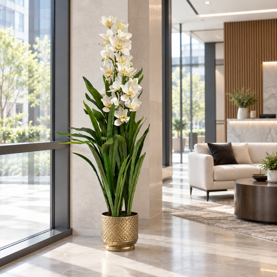 Artificial White Cymbidium Orchid 154cm Faux Office Plant
