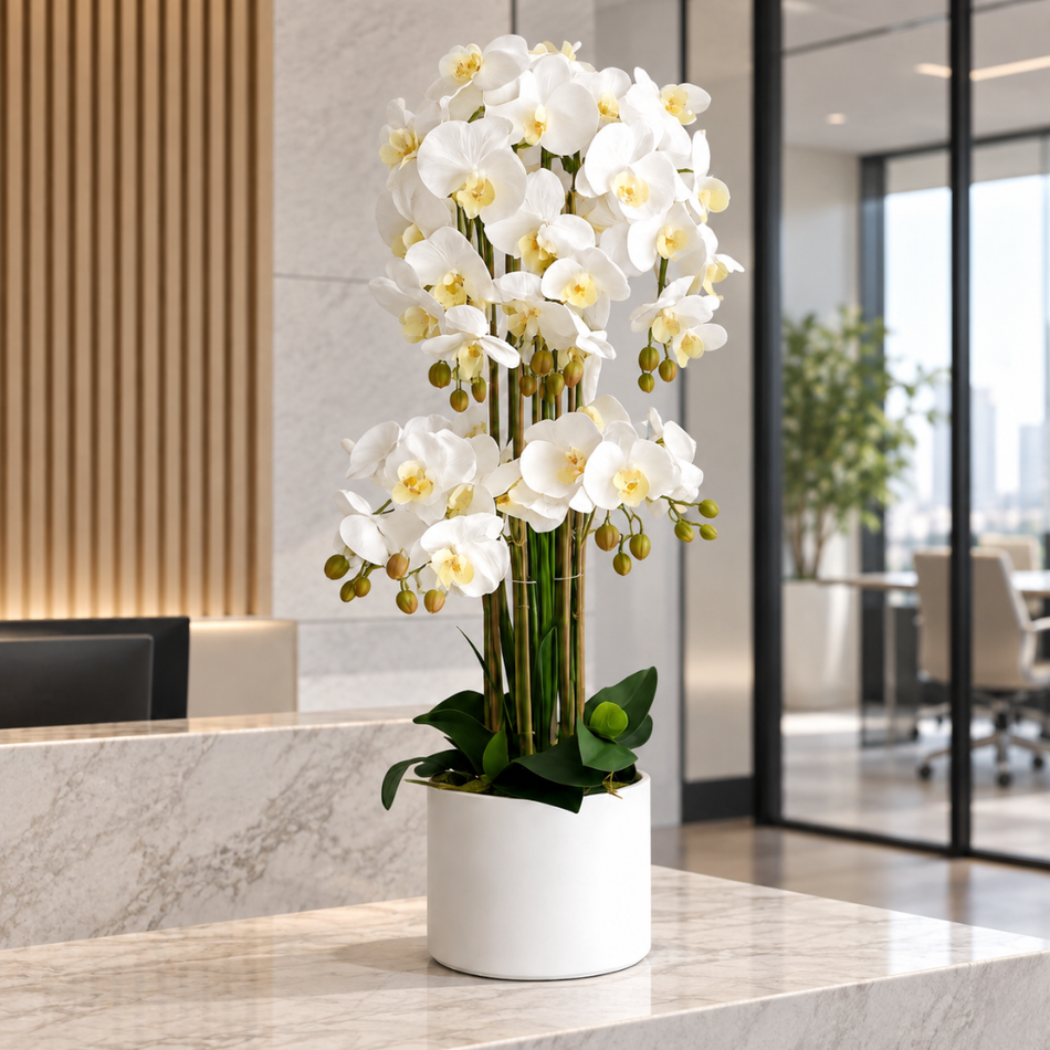 Artificial White Orchid Arrangement 95cm Office Desk Plant