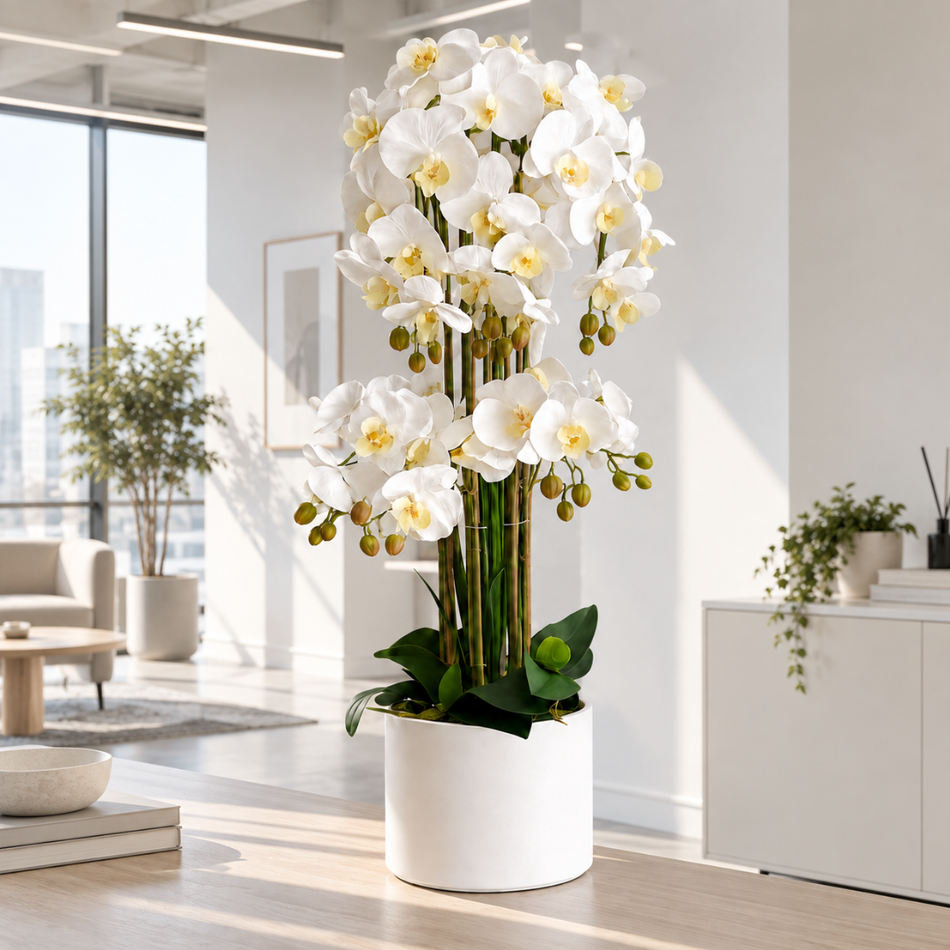 Artificial White Orchid Arrangement 95cm Office Desk Plant