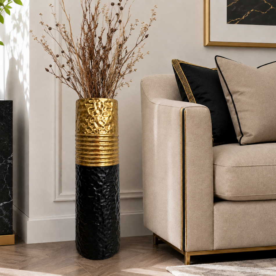Black and Gold Hammered Floor Vase 61cm – Two Tone Metal Vase