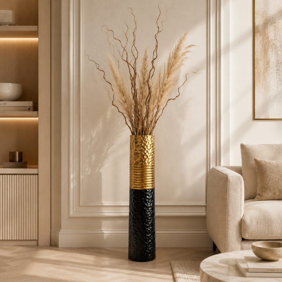Black and Gold Hammered Floor Vase 71cm – Two Tone Metal Vase
