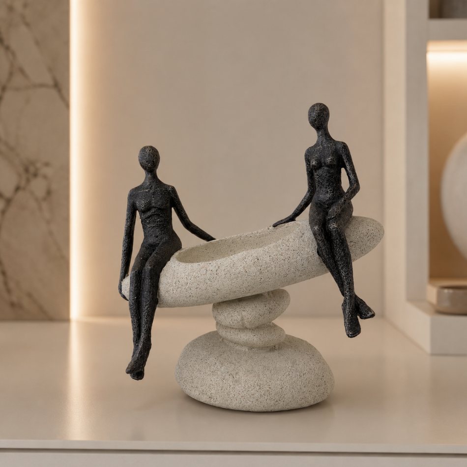 Black Couple on Pedestal Bowl Sculpture 21cm – Two Figures Ornament